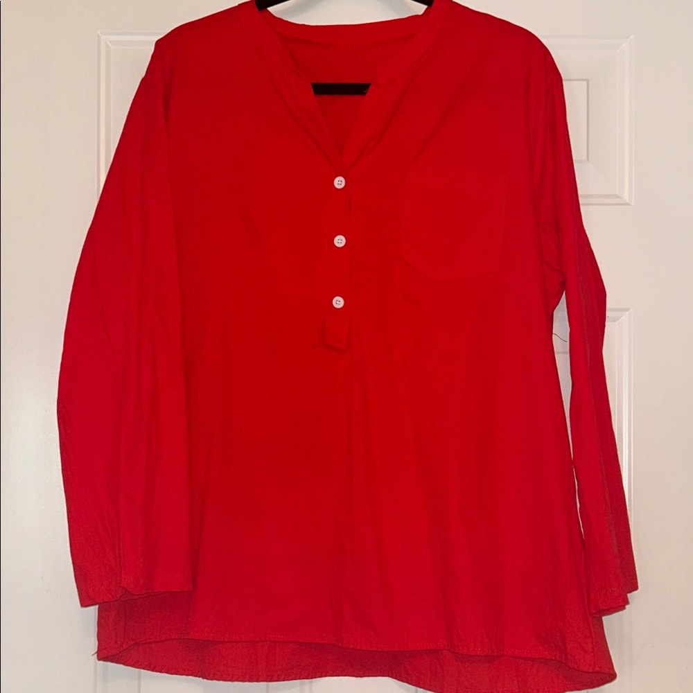 V-Neck Henley LS Cotton Shirt/Top XL Solid Red NWOT Loose Relaxed Casual